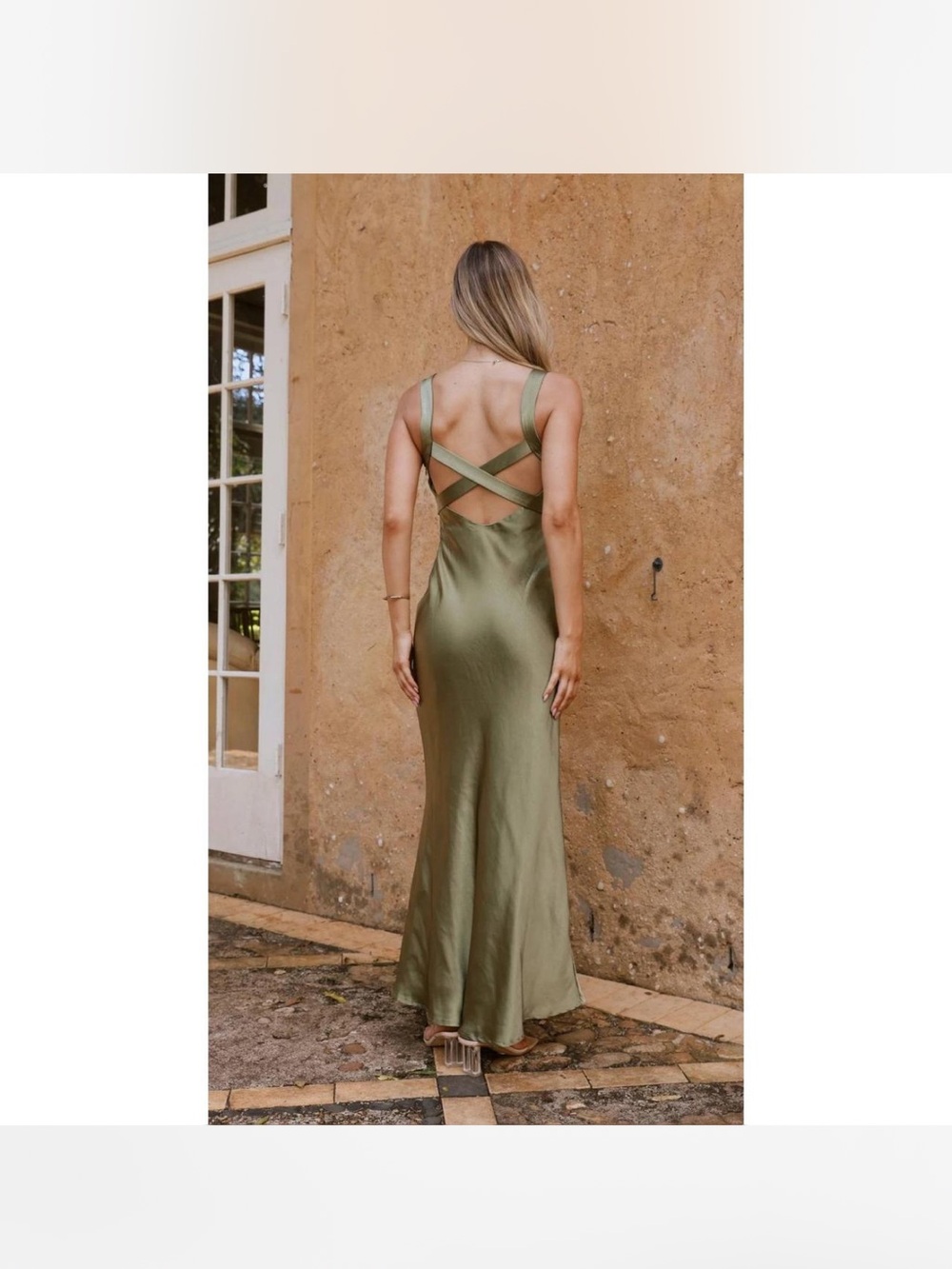 Billy J Andie Maxi Dress Olive Green Satin V-Neck Criss Cross Back Size 4 NWT